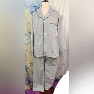 Striped Blue White Red Mens Pajamas wide leg elastic waist w/ snaps Collared